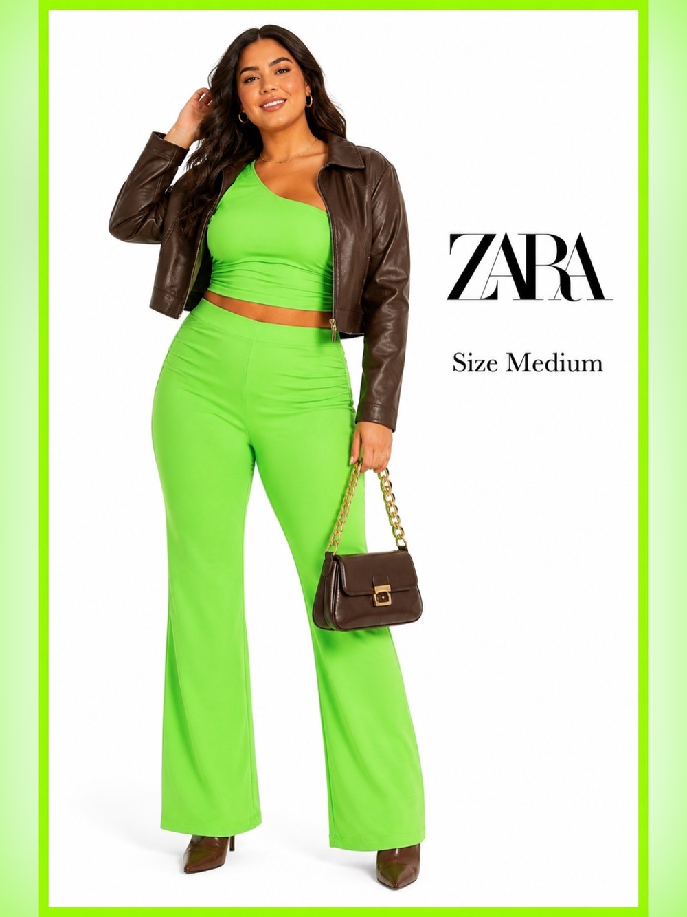 ZARA Neon Green Two Piece Pant Set Size Medium - Picture 1 of 9